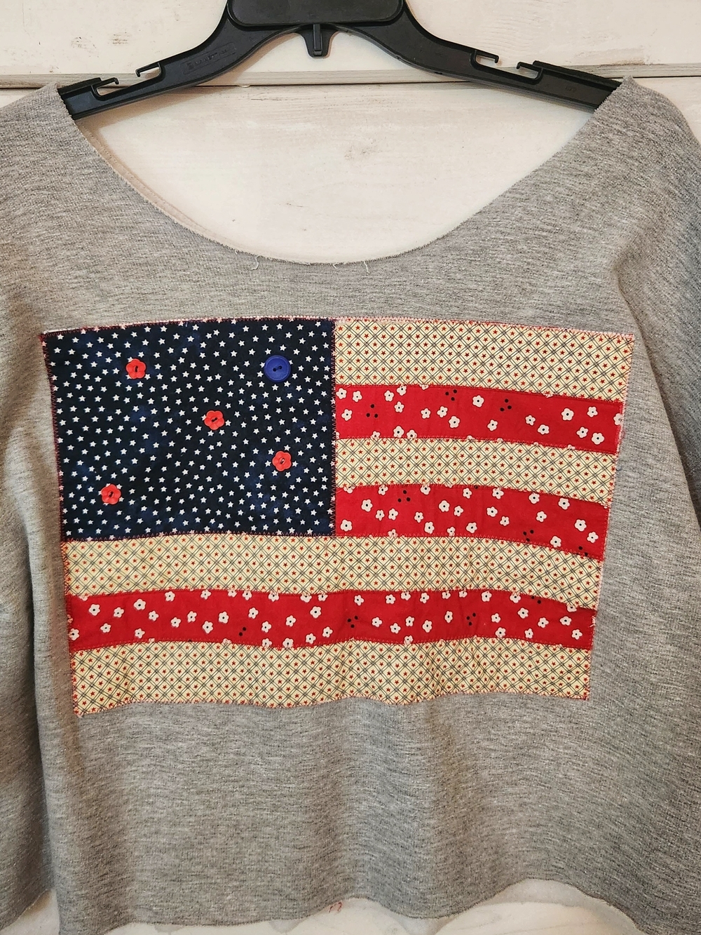 Patchwork Flag Sweatshirt - Grey with Red, Navy & Cream Patch Hand Made Quilted